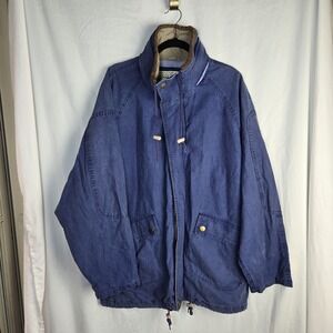 Vintage 80s JL Colebrook Parka Jacket Mens Medium Blue Leather Trim Mid Length
